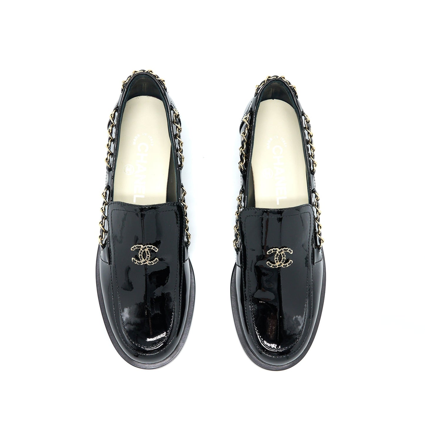 Chanel Size 38 CC Logo Flats Chain Loafers Patent Black