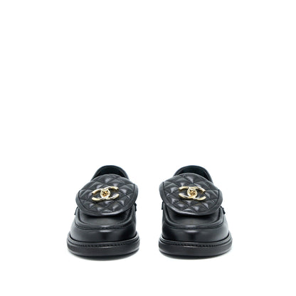 Chanel Size 38 CC Turnlock Loafers Black Quilted Leather LGHW