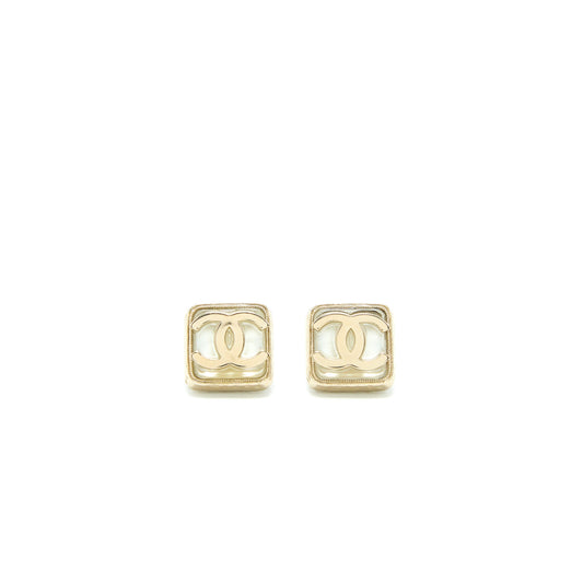 Chanel Square CC Logo Earrings Light Gold Tone