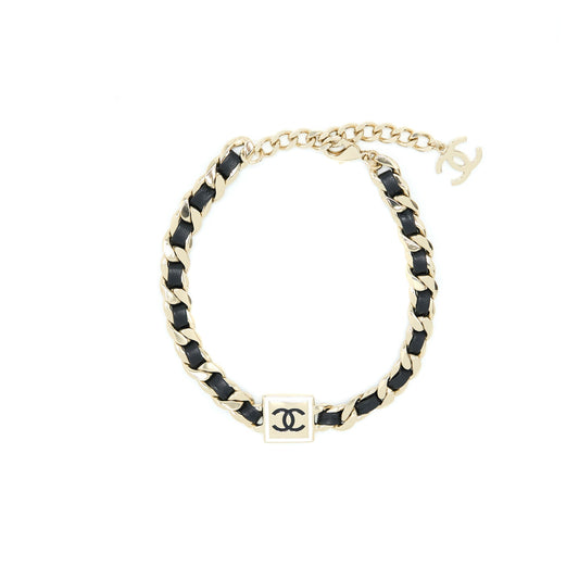 Chanel CC Logo Chain/Leather Choker Light Gold Tone/ Enamel