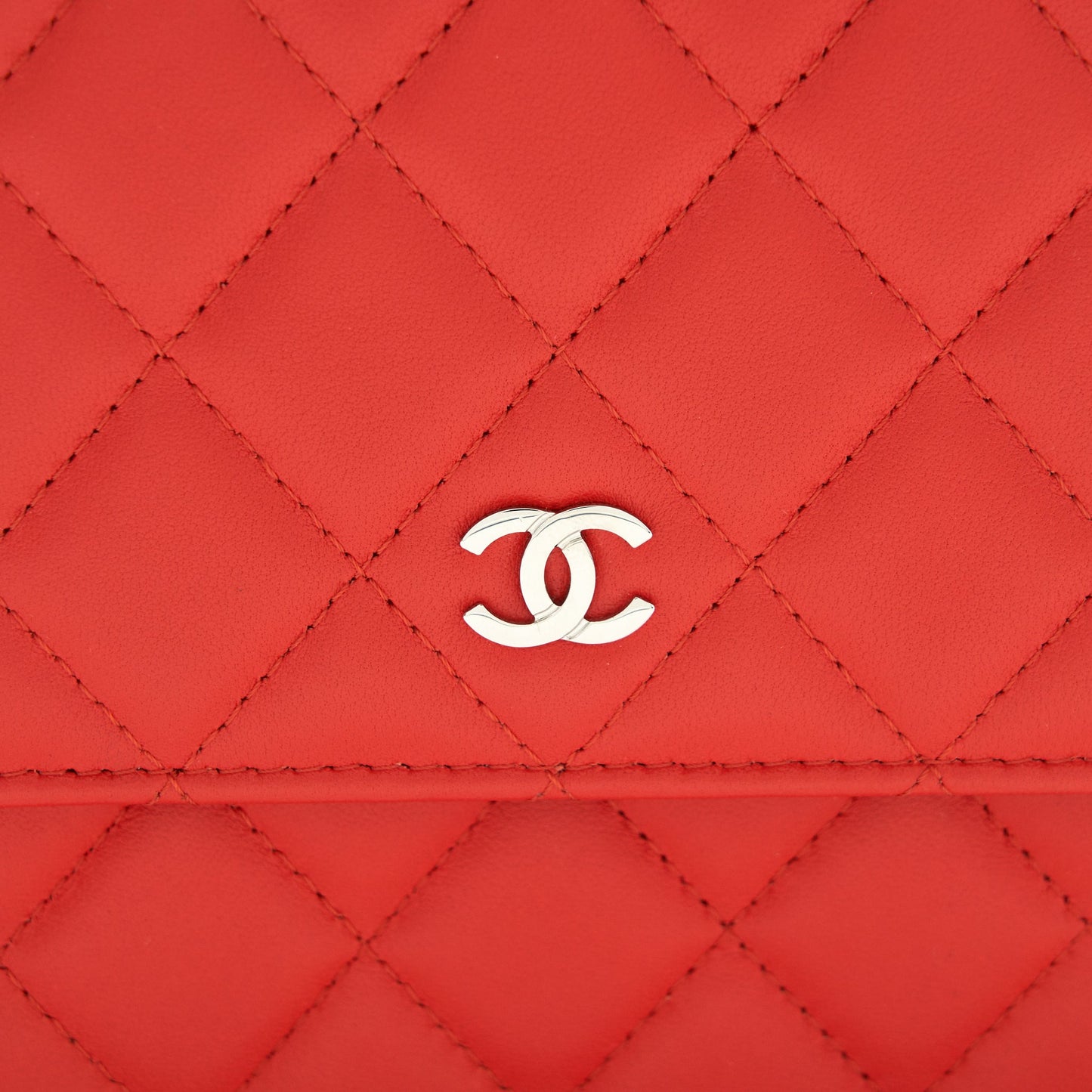 Chanel Square Wallet On Chain Coral Red Lambskin SHW