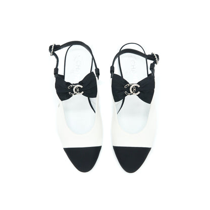 Chanel Size 38.5 Slingback With Ribbon White/Black