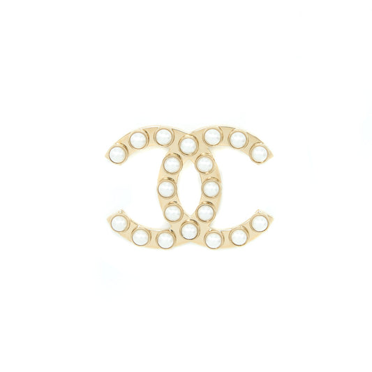 Chanel CC Logo With Pearl Brooch Light Gold Tone