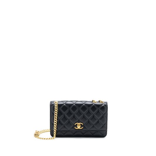 Chanel 22K Gold Pillar Wallet On Chain Lambskin Black Brushed GHW(Microchip)