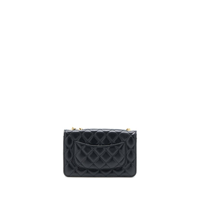 Chanel 22K Gold Pillar Wallet On Chain Lambskin Black Brushed GHW(Microchip)