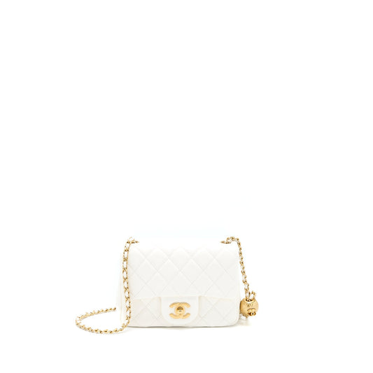Chanel Pearl Crush Mini Square Flap Bag Lambskin White GHW(Microchip)