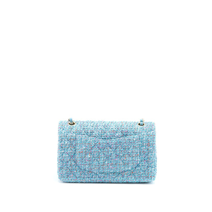 Chanel Tweed Medium Classic Double Flap Bag Light Blue LGHW