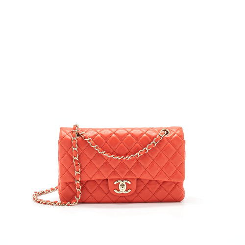 CHANEL CLASSIC MEDIUM DOUBLE FLAP LAMBSKIN IN CORAL LGHW