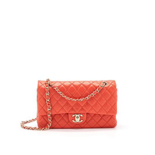CHANEL CLASSIC MEDIUM DOUBLE FLAP LAMBSKIN IN CORAL LGHW