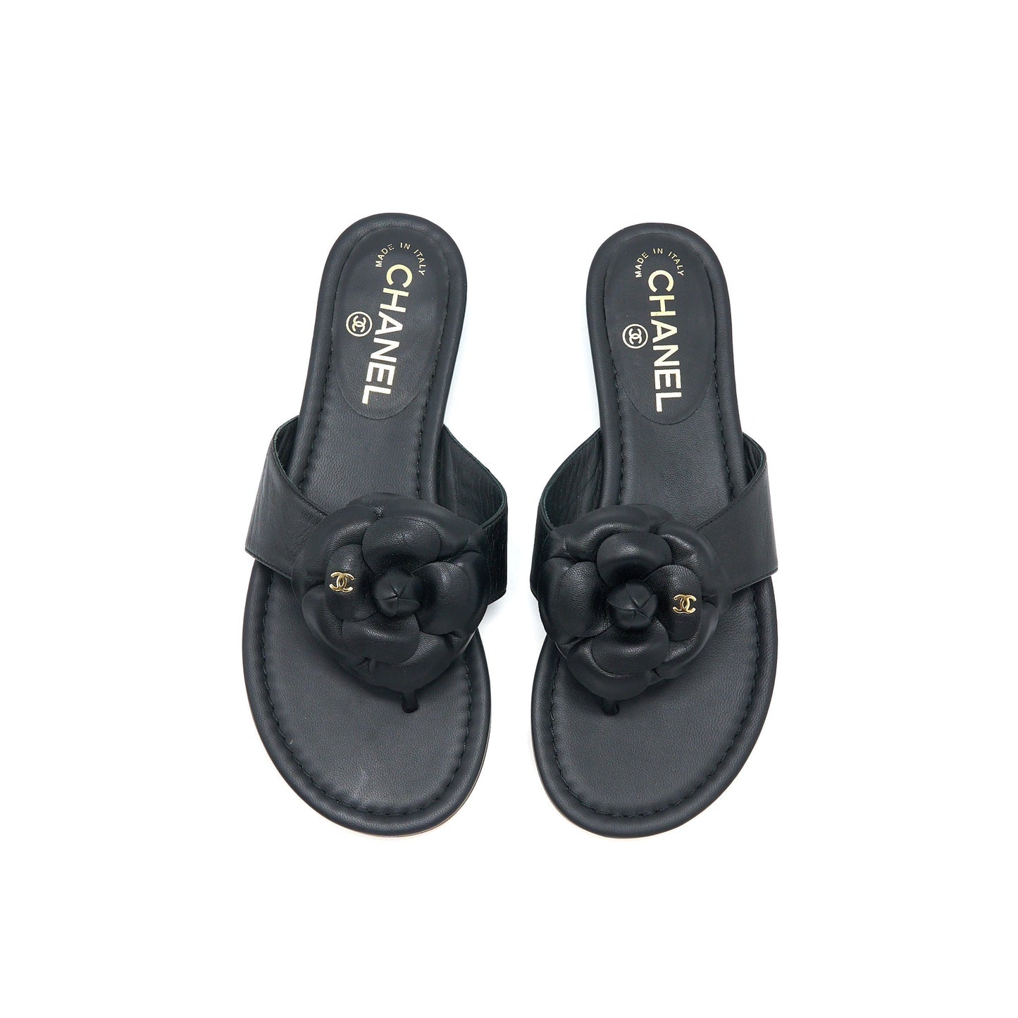 Chanel Size 36 Camelia Sandal Black Gold Tone