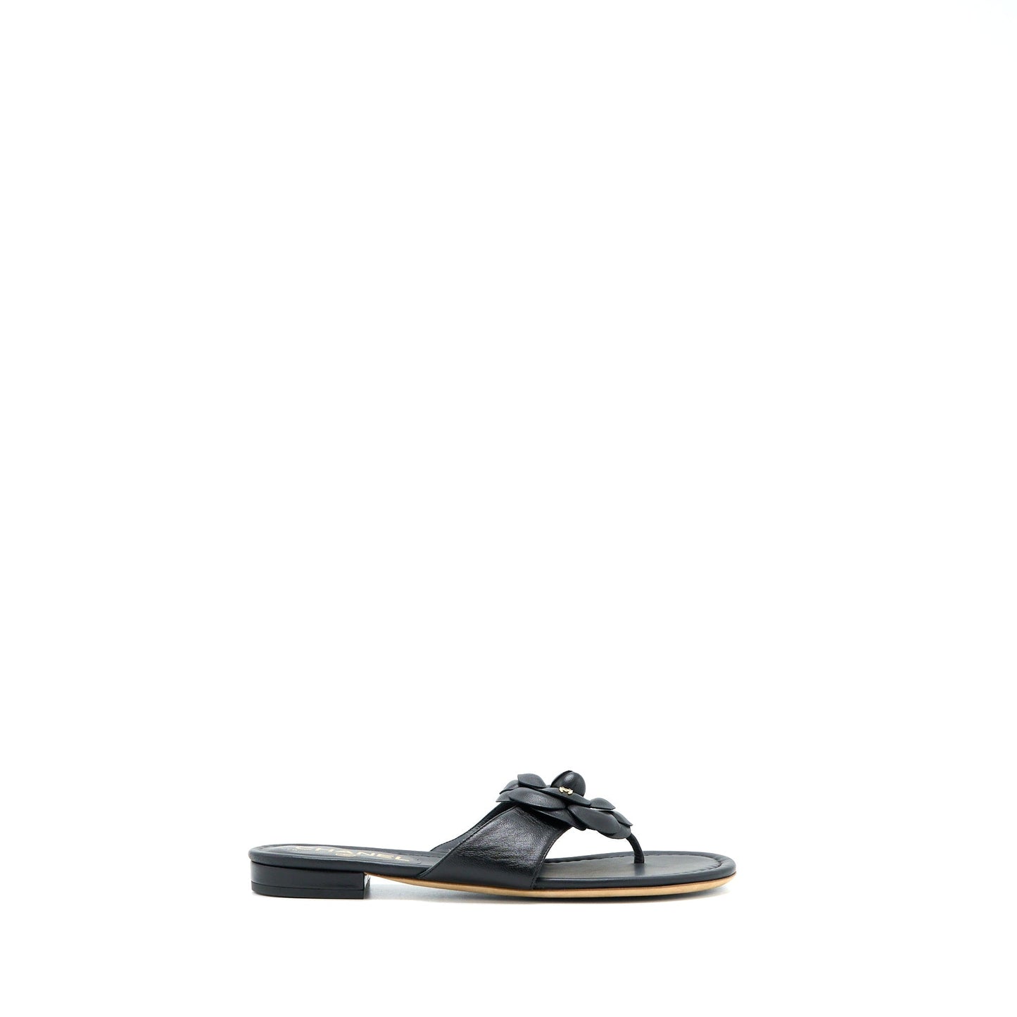 Chanel Size 36 Camelia Sandal Black Gold Tone