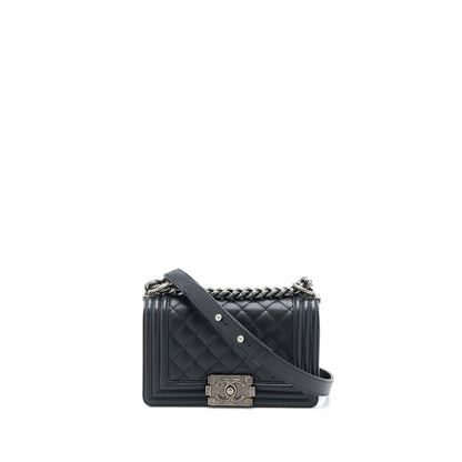 Chanel Small Boy Bag Caviar Black Ruthenium Hardware (Microchip)