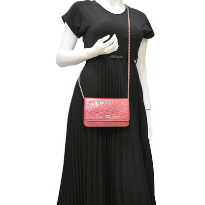 CHANEL Camellia Wallet On Chain Leather Crossbody Bag Pink