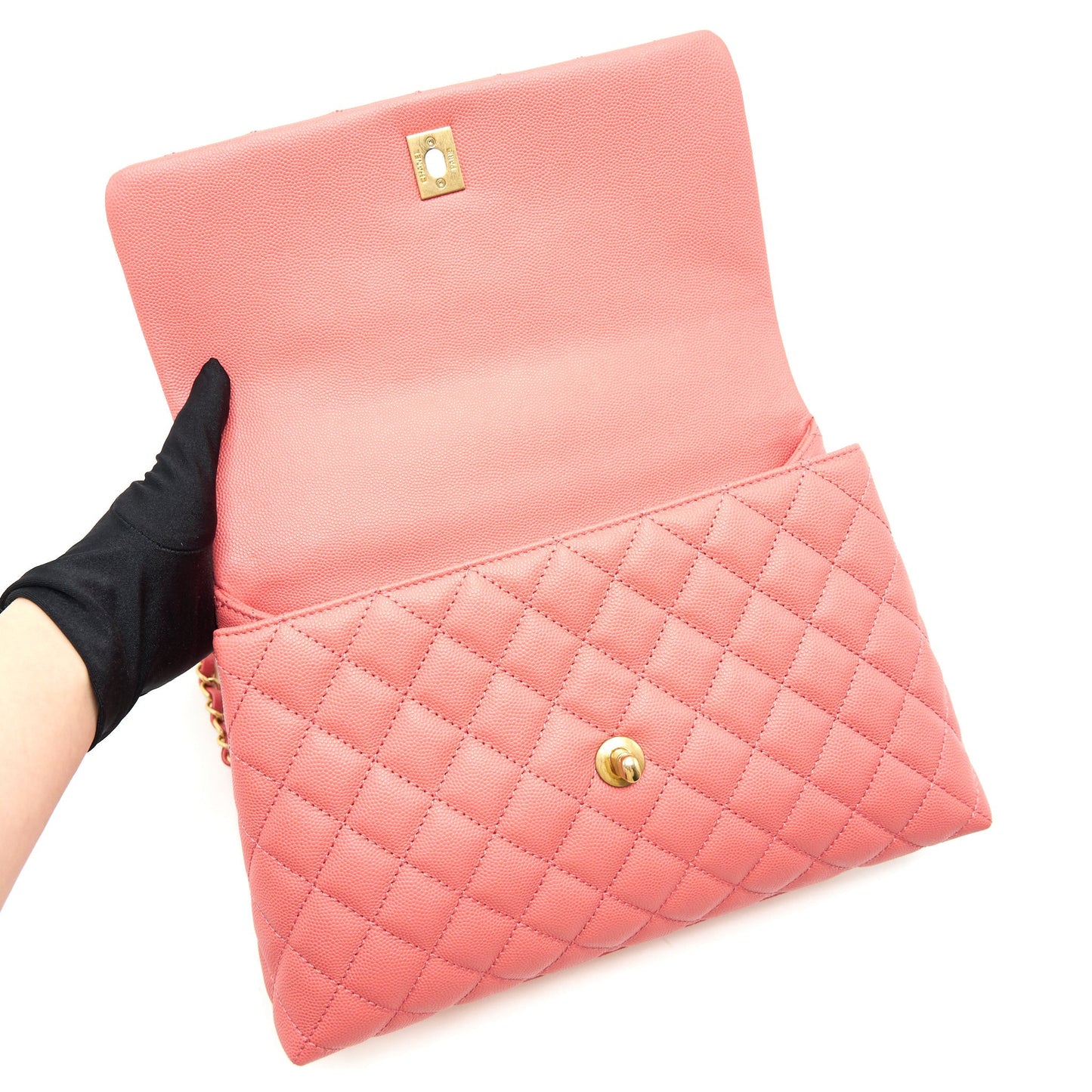 CHANEL SMALL COCO HANDLE FLAP BAG GRAINED CALFSKIN IN CORAL PINK GHW