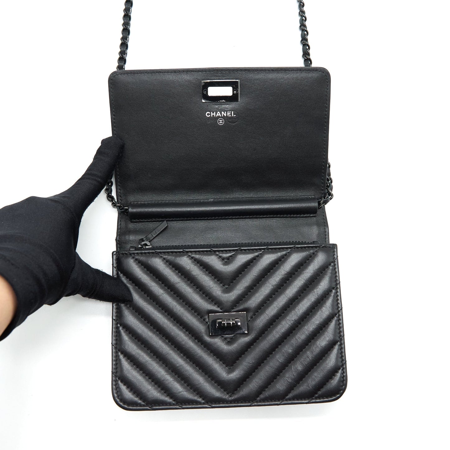 Chanel 2.55 Square Wallet On Chain Chevron Calfskin So Black