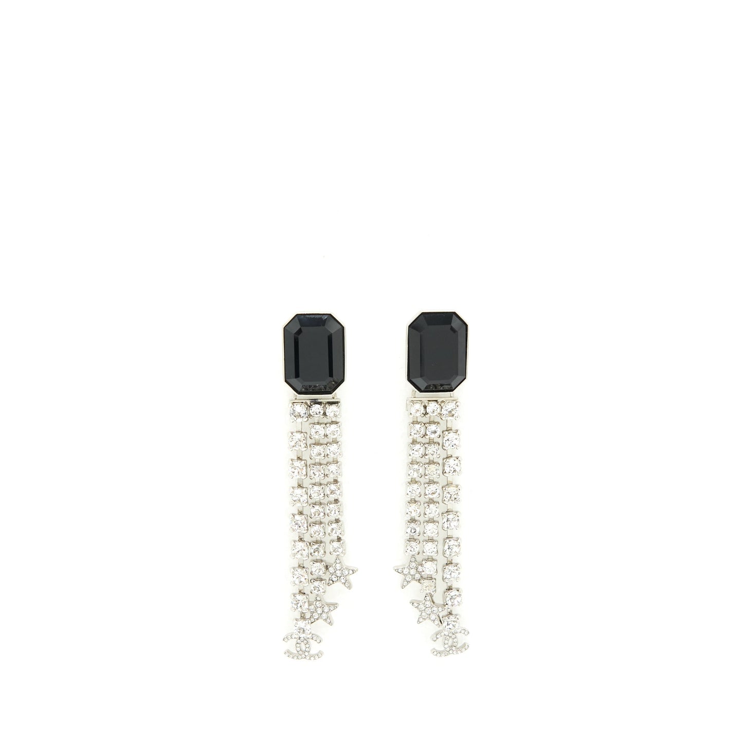 Chanel Square With Crystal And Star Dropping Earrings Silver Tone