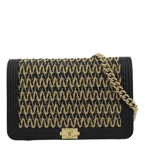 CHANEL Boy Flap Woven Raffia Leather Shoulder Bag Black
