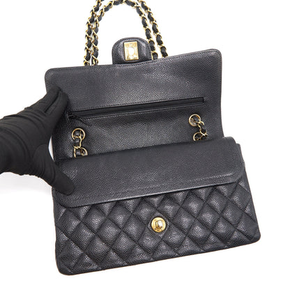CHANEL MEDIUM CLASSIC DOUBLE FLAP CAVIER Black and gold