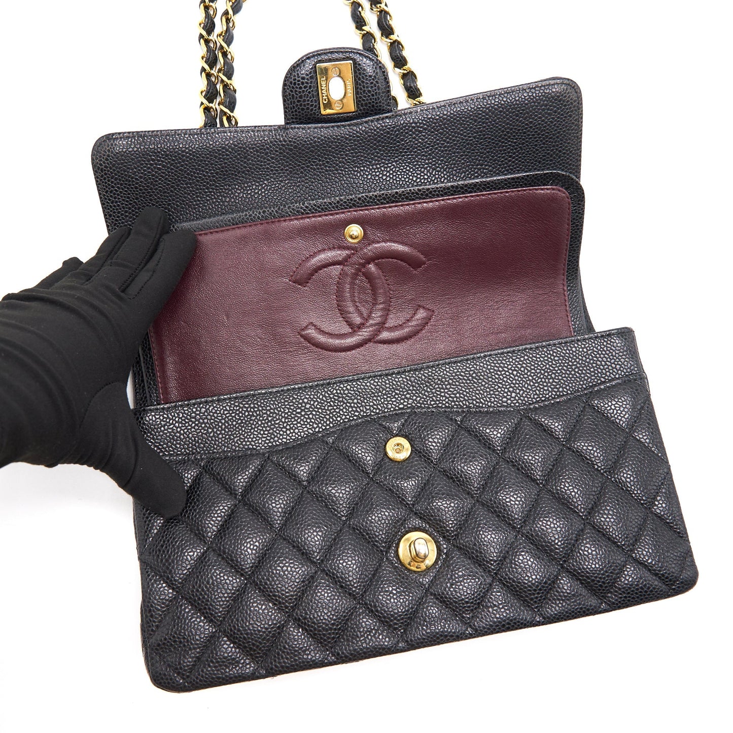 CHANEL MEDIUM CLASSIC DOUBLE FLAP CAVIER Black and gold