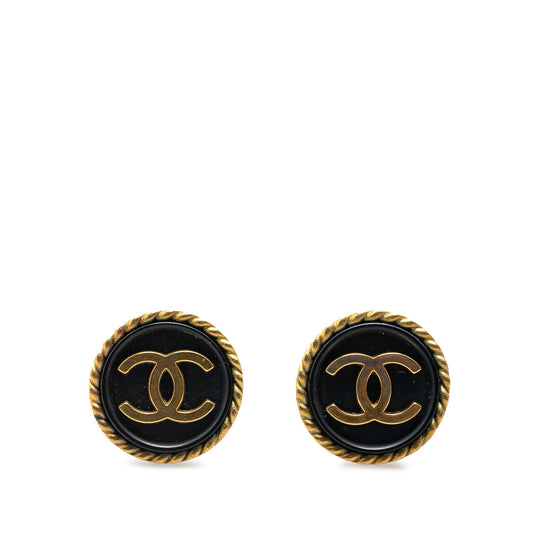 Gold Chanel Gold Plated Acrylic CC Button Clip On Earrings