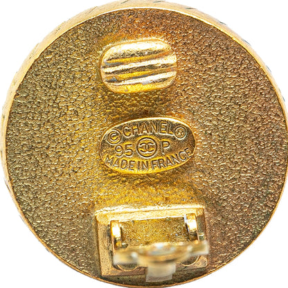 Gold Chanel Gold Plated Acrylic CC Button Clip On Earrings