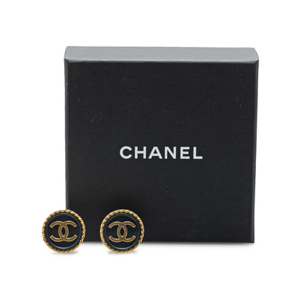 Gold Chanel Gold Plated Acrylic CC Button Clip On Earrings