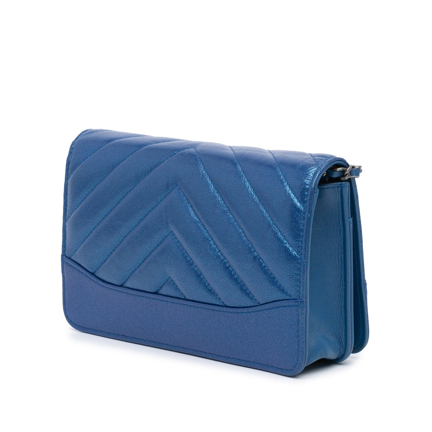 Blue Chanel Chevron Aged Metallic Calfskin Gabrielle Wallet On Chain Crossbody Bag