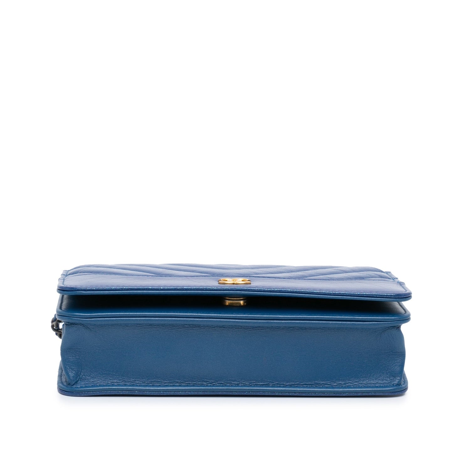 Blue Chanel Chevron Aged Metallic Calfskin Gabrielle Wallet On Chain Crossbody Bag