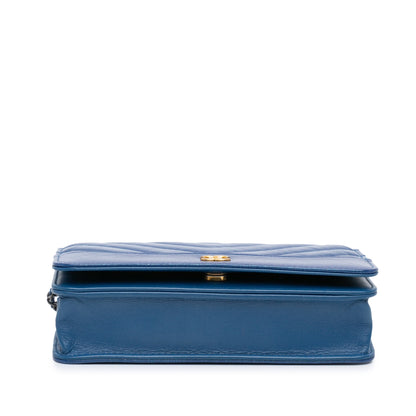 Blue Chanel Chevron Aged Metallic Calfskin Gabrielle Wallet On Chain Crossbody Bag