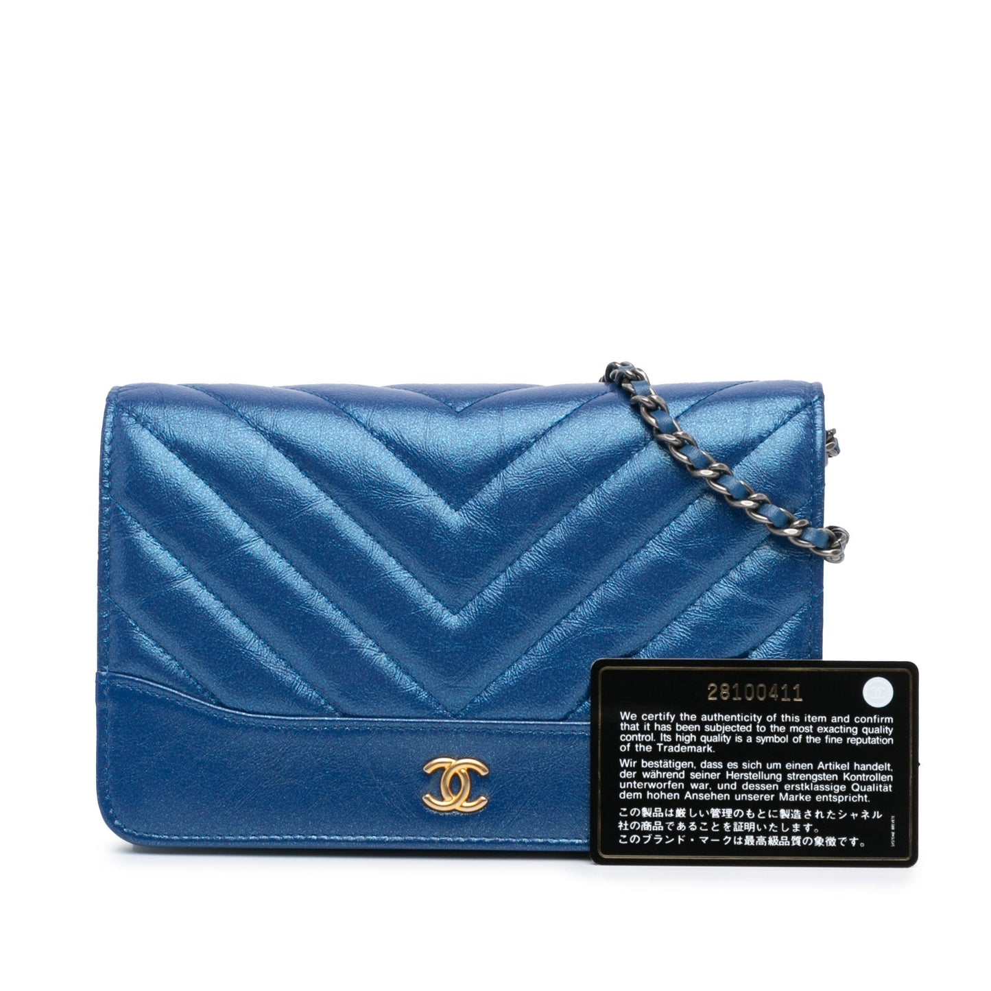 Blue Chanel Chevron Aged Metallic Calfskin Gabrielle Wallet On Chain Crossbody Bag