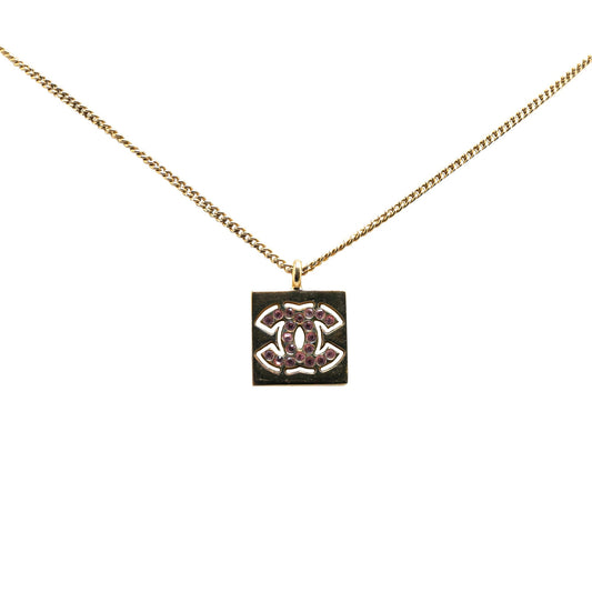 Gold Chanel Gold Plated CC Rhinestones Pendant Necklace