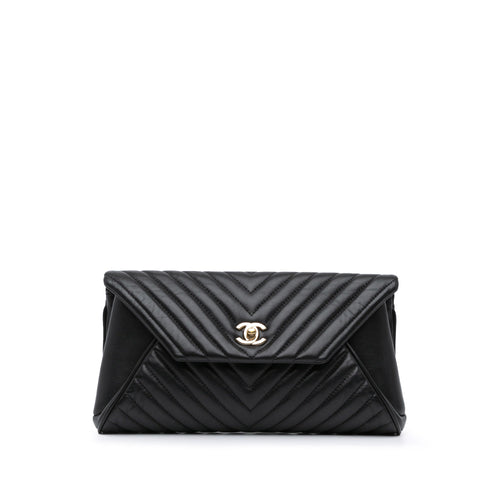 Black Chanel Chevron Lambskin Fold Up Again Clutch