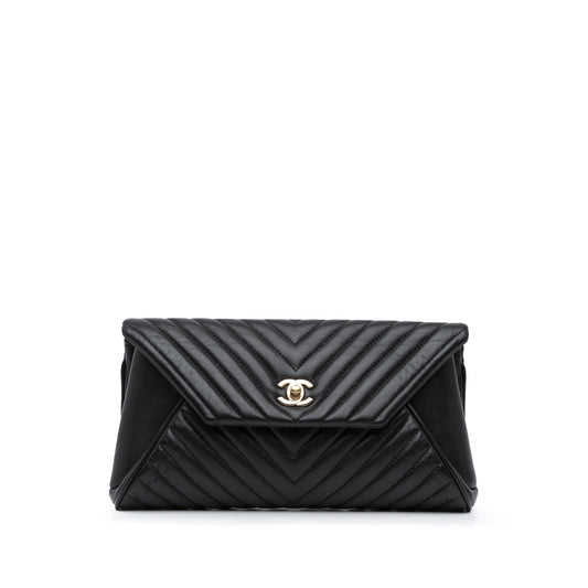 Black Chanel Chevron Lambskin Fold Up Again Clutch