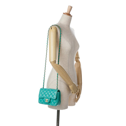 Green Chanel Mini Square Classic Lambskin Single Flap Crossbody Bag