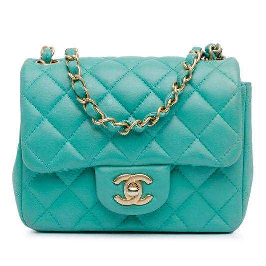 Green Chanel Mini Square Classic Lambskin Single Flap Crossbody Bag