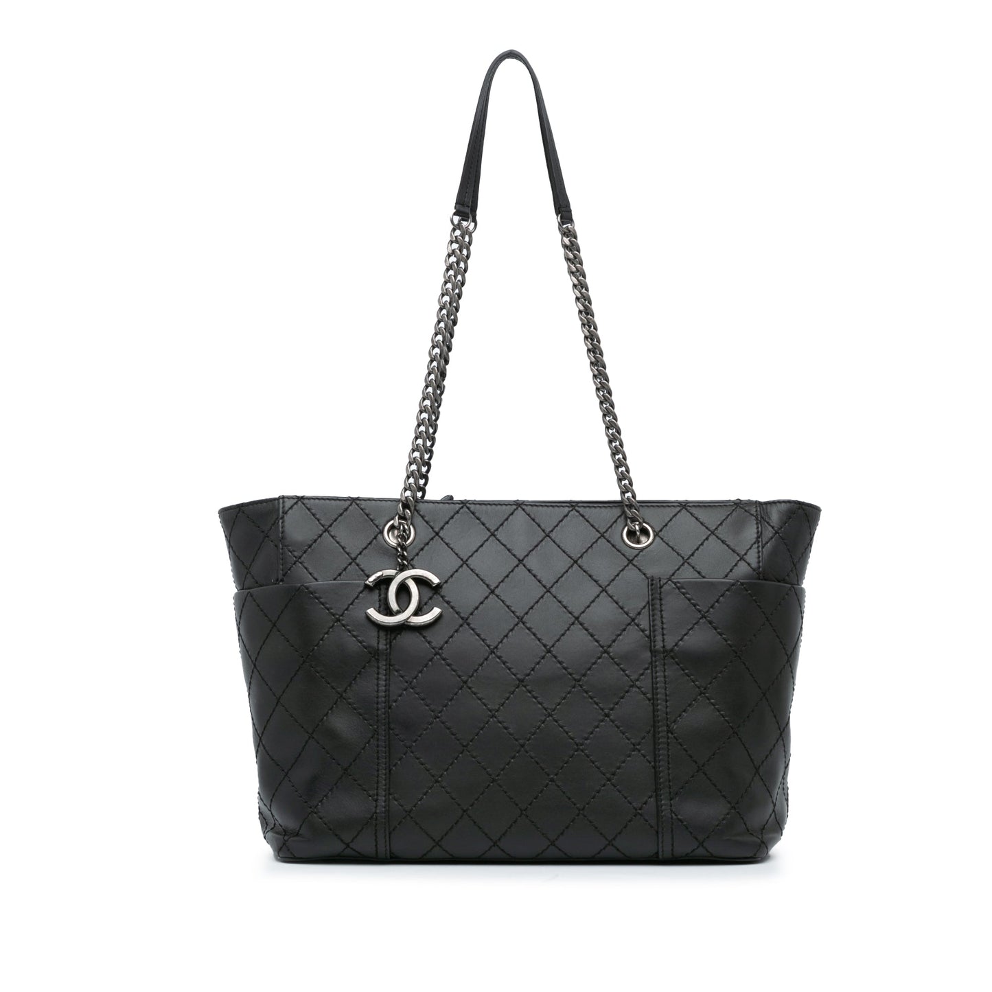 Black Chanel Medium CC Stitched Calfskin Pocket Zipped Chain Tote
