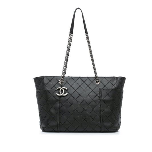 Black Chanel Medium CC Stitched Calfskin Pocket Zipped Chain Tote