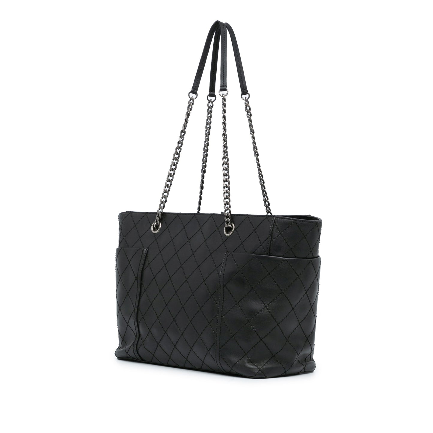Black Chanel Medium CC Stitched Calfskin Pocket Zipped Chain Tote