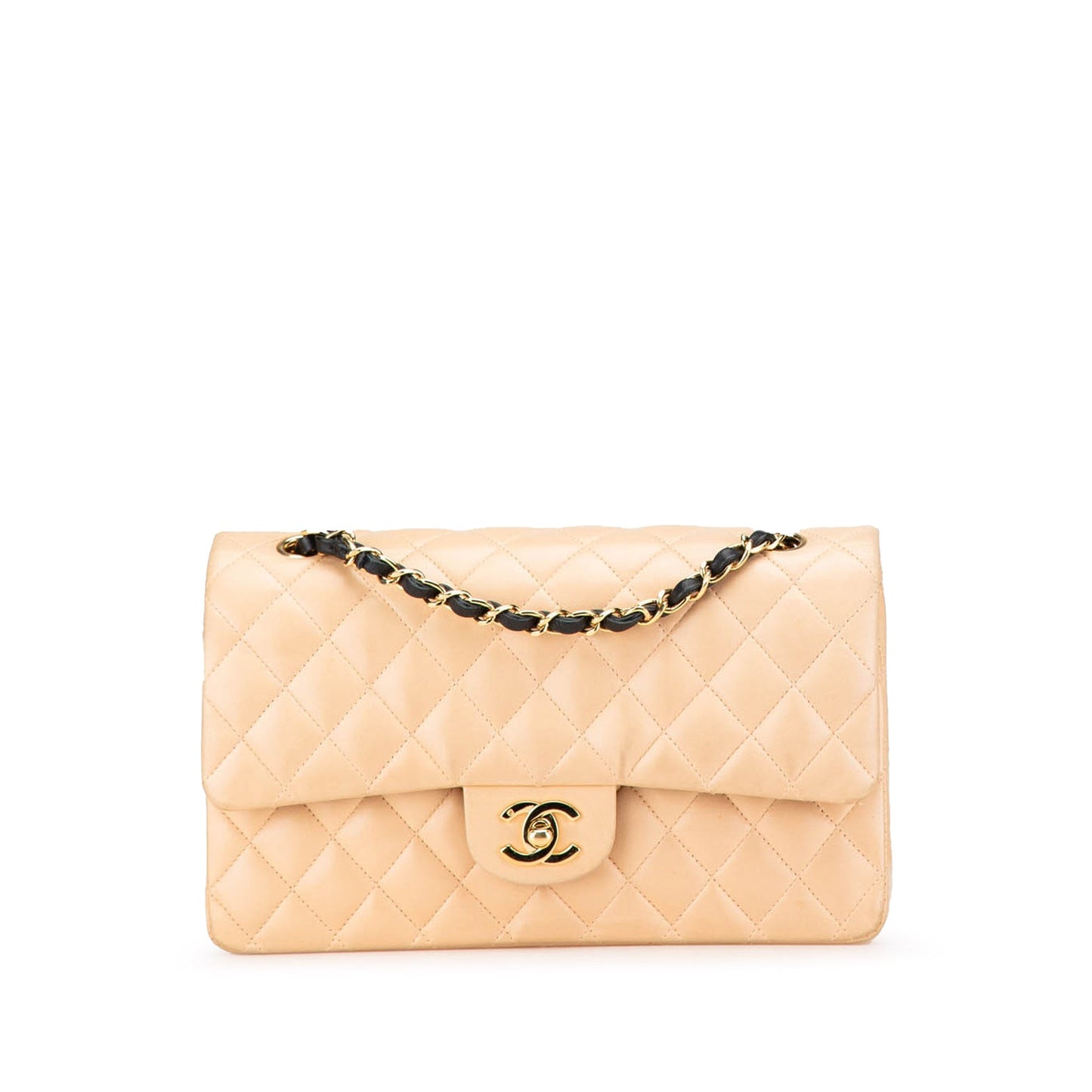 Beige Chanel Medium Classic Lambskin Double Flap Shoulder Bag