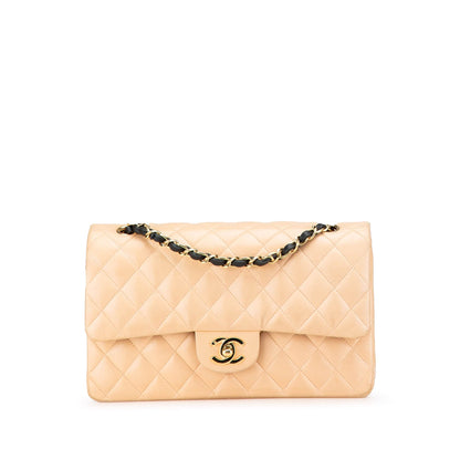 Beige Chanel Medium Classic Lambskin Double Flap Shoulder Bag