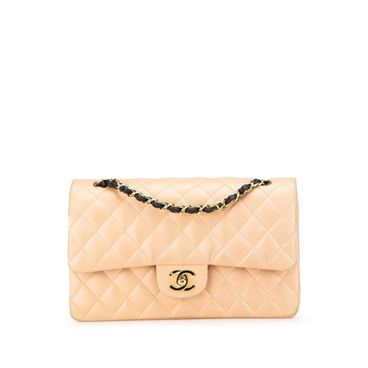 Beige Chanel Medium Classic Lambskin Double Flap Shoulder Bag