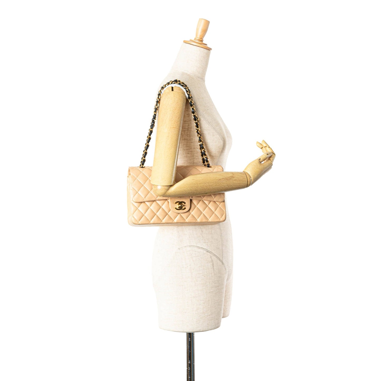 Beige Chanel Medium Classic Lambskin Double Flap Shoulder Bag