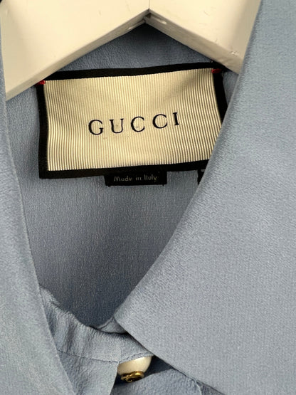 Gucci Blue Silk Ruffle Blouse with Pearl Buttons Size