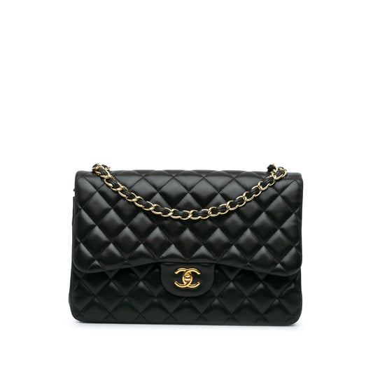 Black Chanel Jumbo Classic Lambskin Double Flap Shoulder Bag