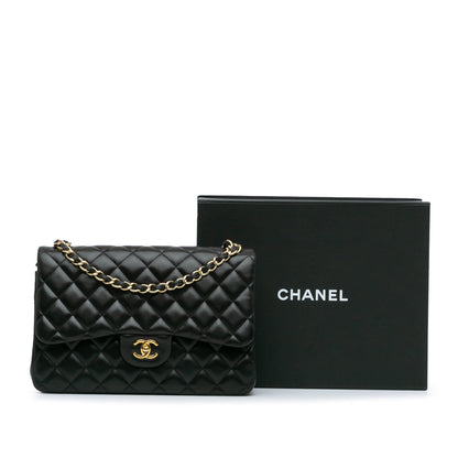 Black Chanel Jumbo Classic Lambskin Double Flap Shoulder Bag