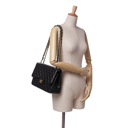 Black Chanel Jumbo Classic Lambskin Double Flap Shoulder Bag