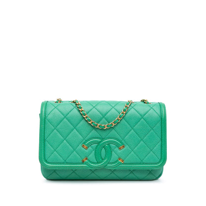 Green Chanel Small Caviar CC Filigree Flap Crossbody Bag