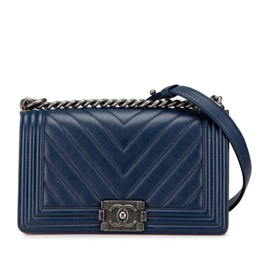 Blue Chanel Medium Chevron Caviar Boy Flap Crossbody Bag