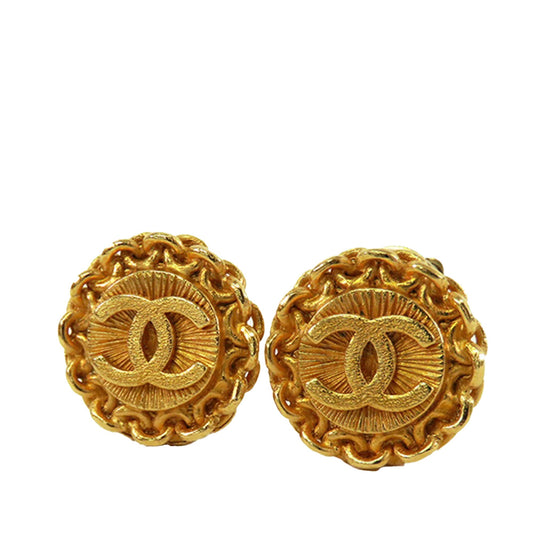Gold Chanel Gold Plated CC Round Clip On Earrings