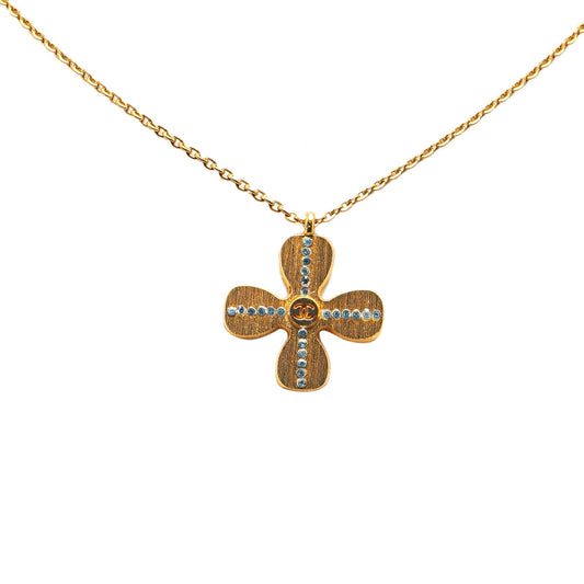 Gold Chanel Gold Plated Rhinestones Clover Pendant Necklace